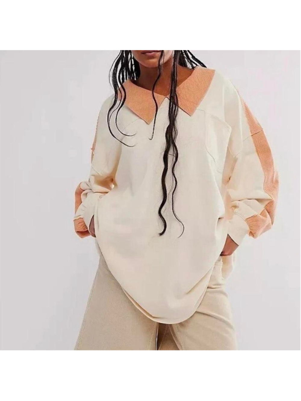 Free people Cream & peach color-blocked very oversized shirt with ribbed texture